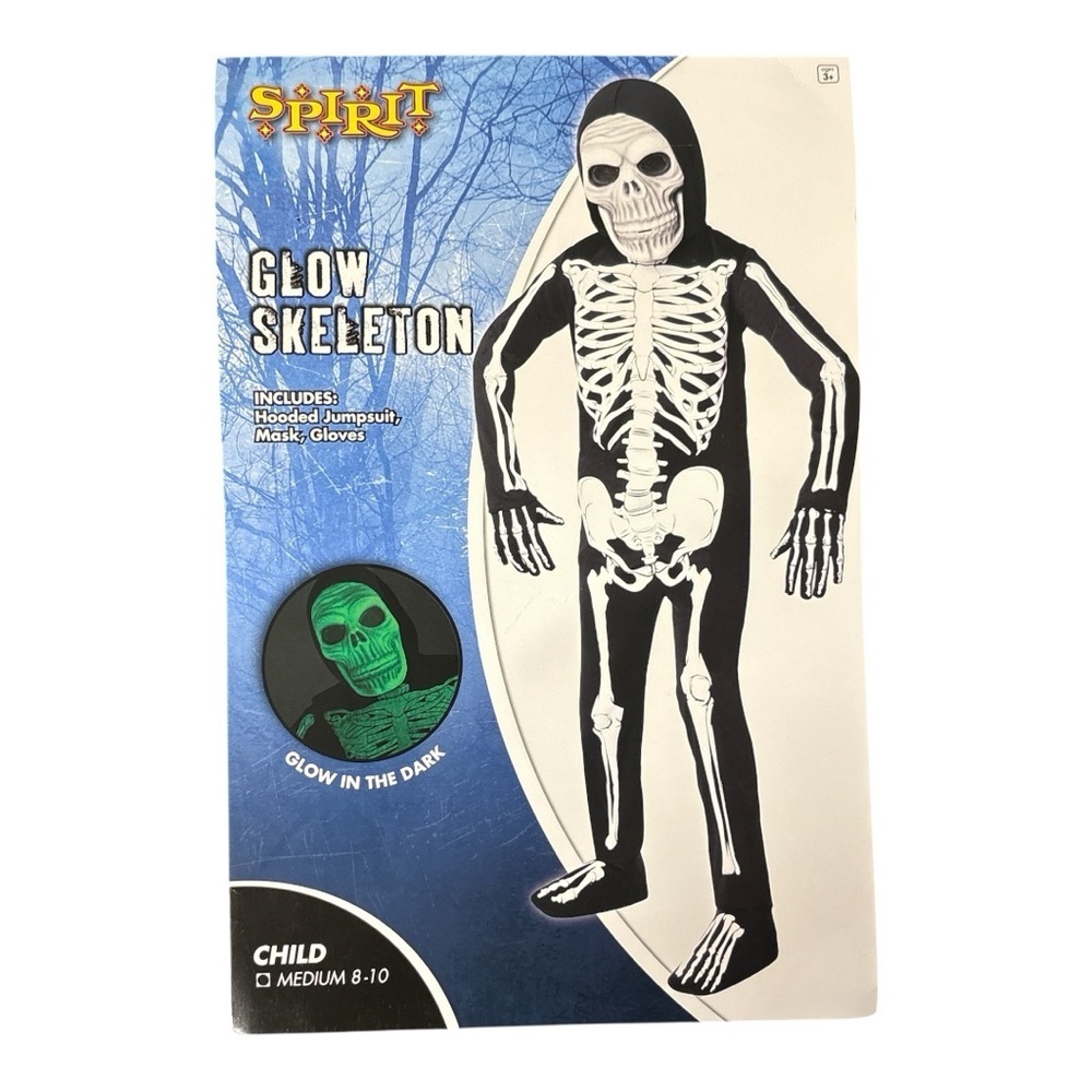 Spirit Glow In Dark Skeleton Child M 8-10 Halloween Costume Hooded Jumpsuit Mask
